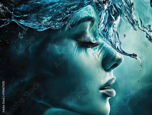 Woman's face is shown in a blue watery background. The water is flowing over her face, creating a sense of movement and fluidity. The image conveys a feeling of tranquility and serenity photo