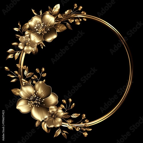 Golden floral circle frame, black background, elegant design, ideal for invitations