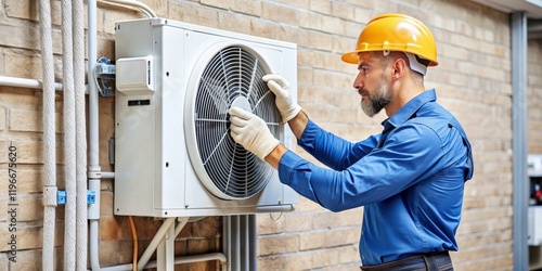 Electrician installing a heat pump in a residential house , electrician, installation, heat pump, residential, house