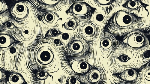 A swirling mass of numerous eyes forms a hypnotic pattern