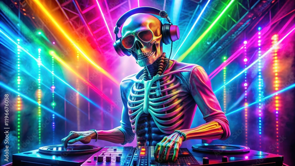Obraz premium Skeleton DJ with glasses in a neon-lit nightclub, surrounded by colorful lights and neon elements, skeleton, DJ, glasses, club