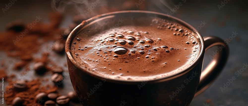 Coffee cup with steaming hot beverage and coffee beans on dark stone table, ideal for cozy mornings, coffee shop menus, or home brewing enthusiasts. Coffee cup with steaming hot beverage and coffee beans on dark stone table, ideal for cozy mornings, coffee shop menus, or home brewing enthusiasts.