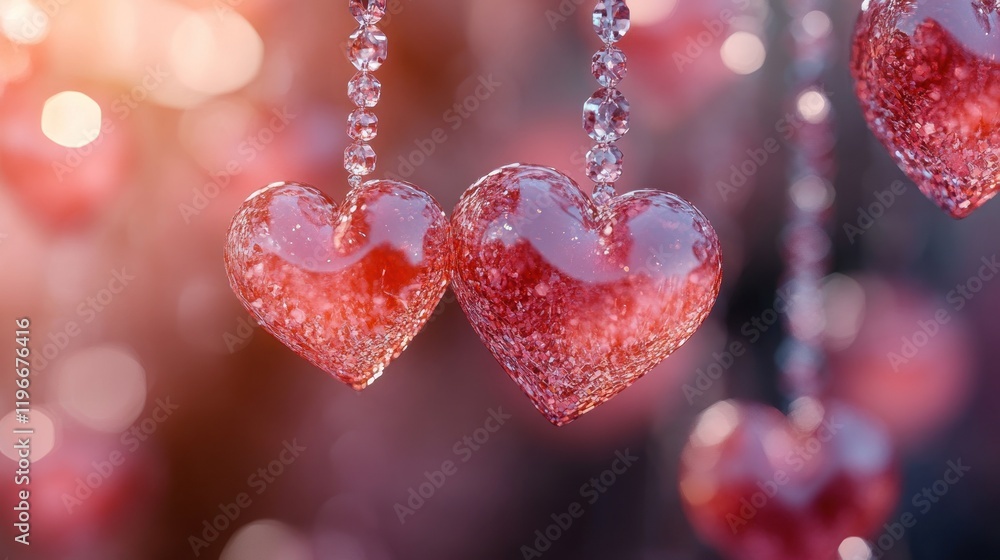 Fototapeta premium Two glass hearts hanging, bokeh background, romantic, Valentine's