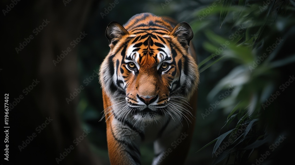 Fototapeta premium Majestic tiger in dark foliage
