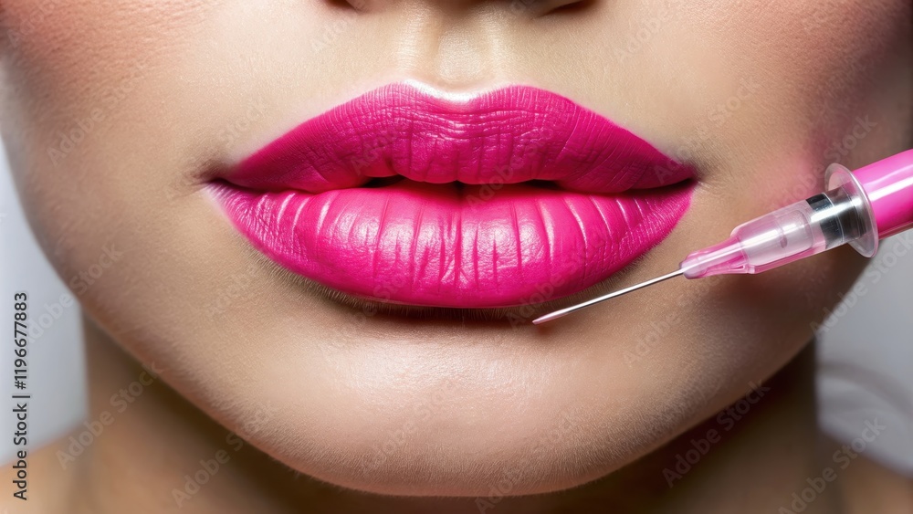 Naklejka premium Close-up of glossy pink lips receiving a cosmetic injection for enhanced volume and precision, cosmetic procedure