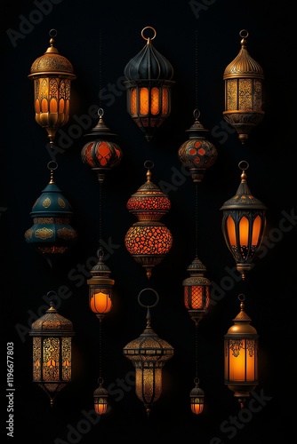 Richly detailed and glowing Islamic lanterns hang against a dark backdrop, casting warm light and intricate patterns, perfect for adding elegance to Eid Mubarak festivities photo