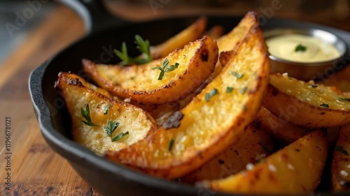 Papas gajo crujientes con hierbas y salsa