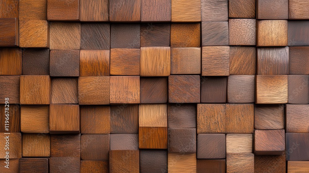 Textured wooden blocks arranged in mosaic pattern, showcasing various shades of brown and wood grain. This highlights beauty of natural materials in design Textured wooden blocks arranged in mosaic pattern, showcasing various shades of brown and wood grain. This highlights beauty of natural materials in design