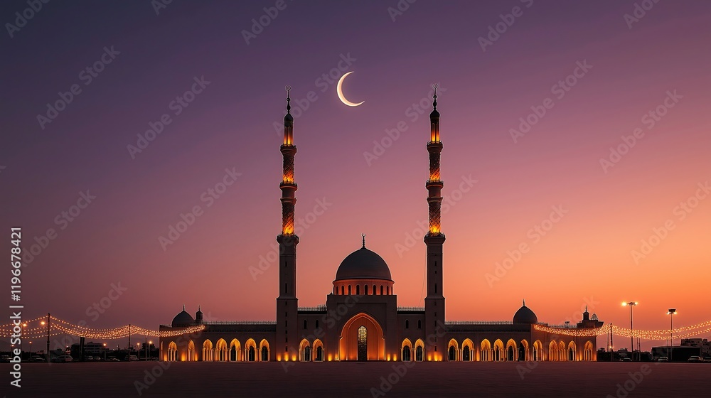 Obraz premium Breathtaking Ramadan evening skyline features illuminated minarets of a grand mosque under a crescent moon, adorned with string lights amidst vibrant twilight hues of purple and orange