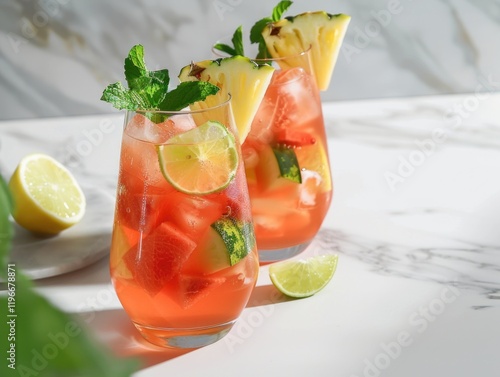 A couple of glasses filled with a pink sweet cocktail garnished with fruit and mint leaves. photo