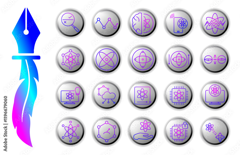 Quantum Computing icon set, with gradient line style and button background on white isolated background, depicts quantum technology, quantum mechanics and modern computing applications. Quantum Computing icon set, with gradient line style and button background on white isolated background, depicts quantum technology, quantum mechanics and modern computing applications.