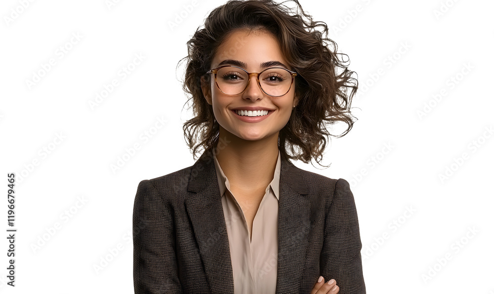 Portrait of a beautiful, smiling businesswoman in a suit, wearing glasses, isolated on transparent background Portrait of a beautiful, smiling businesswoman in a suit, wearing glasses, isolated on transparent background
