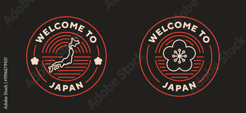 Japan travel logo. Welcome to Japan. Neon style, editable stroke. Thin vector icon set