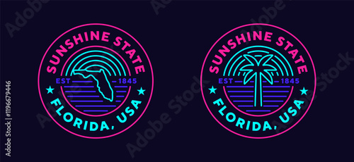 Florida travel logo. Welcome to Florida. Neon style, editable stroke. Thin vector icon set