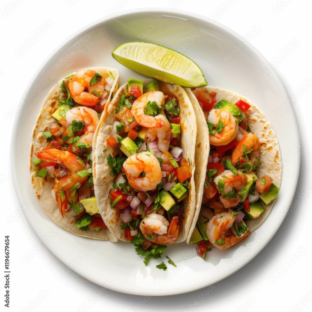 A plate of shrimp tacos with avocado salsa, isolated white background, detailed art style A plate of shrimp tacos with avocado salsa, isolated white background, detailed art style