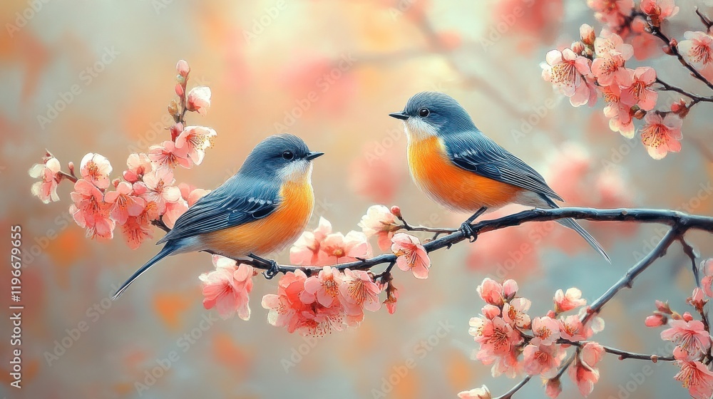 Spring birds perched on blooming cherry branch, soft bokeh background, nature art Spring birds perched on blooming cherry branch, soft bokeh background, nature art