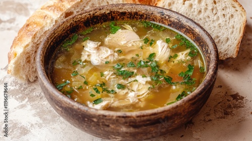 Warm, hearty soup in rustic bowl garnished with fresh herbs besi photo