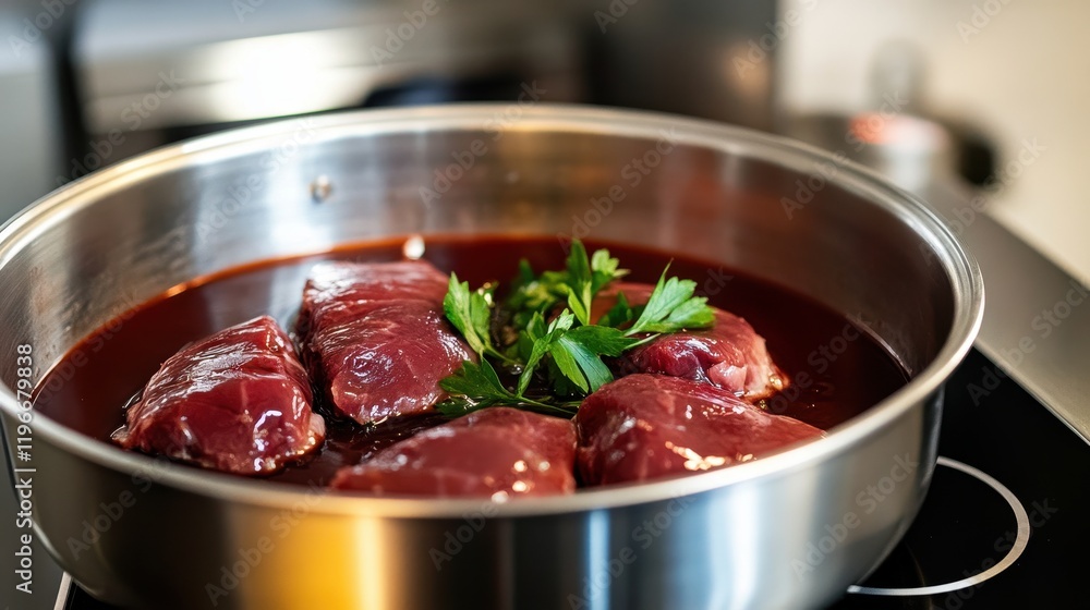 Fresh Cuts of Meat in Cooking Pot Fresh Cuts of Meat in Cooking Pot