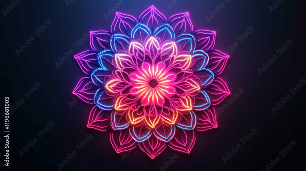์Neon signs and energetic, A vibrant, neon mandala with intricate petals and glowing colors, set against a dark background, creating a mesmerizing visual effect. ์Neon signs and energetic, A vibrant, neon mandala with intricate petals and glowing colors, set against a dark background, creating a mesmerizing visual effect.