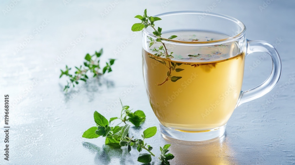 Warm herbal tea in clear cup garnished with fresh thyme leaves a Warm herbal tea in clear cup garnished with fresh thyme leaves a