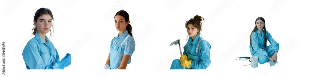 Professional cleaning lady, cleaning workers PNG set Isolated on Transparent Background