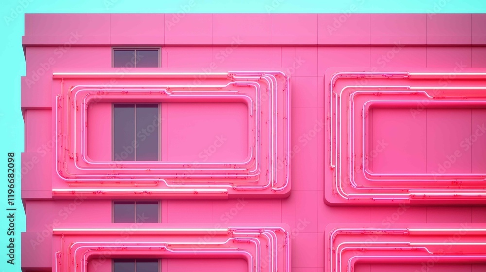 ์Neon signs and energetic, A vibrant pink wall featuring neon-like rectangular outlines, creating a modern and abstract aesthetic against a bright blue background. ์Neon signs and energetic, A vibrant pink wall featuring neon-like rectangular outlines, creating a modern and abstract aesthetic against a bright blue background.