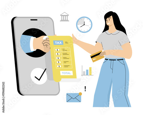 Online tax payment. Woman with credit card pay tax via smartphone. Remote online payments, transfers and transactions. Vector illustration on isolated white background.	