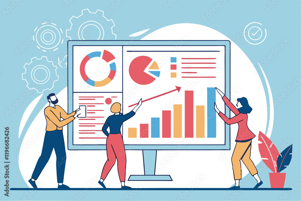 Business analytics dashboard, giant interactive screen, data visualization, colorful charts and graphs, business professionals collaborating, flat vector illustration style, blue background, modern of Business analytics dashboard, giant interactive screen, data visualization, colorful charts and graphs, business professionals collaborating, flat vector illustration style, blue background, modern of