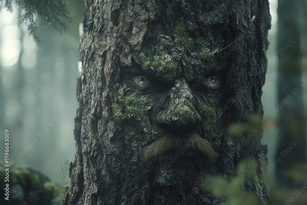 Ancient Tree Face, Forest Spirit, Mystical Nature Portrait