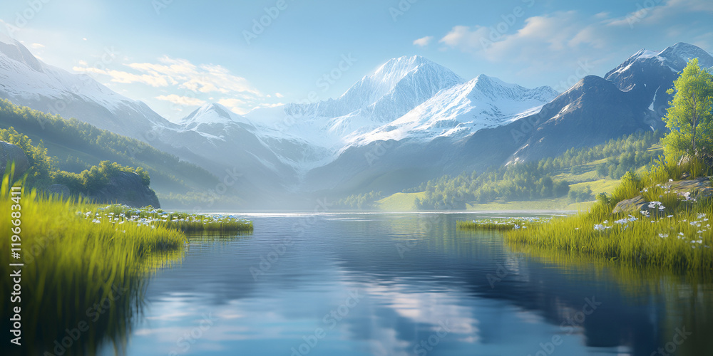Tranquil Mountain Lake Surrounded by Green Hills, Trees, and a Clear Blue Sky Tranquil Mountain Lake Surrounded by Green Hills, Trees, and a Clear Blue Sky