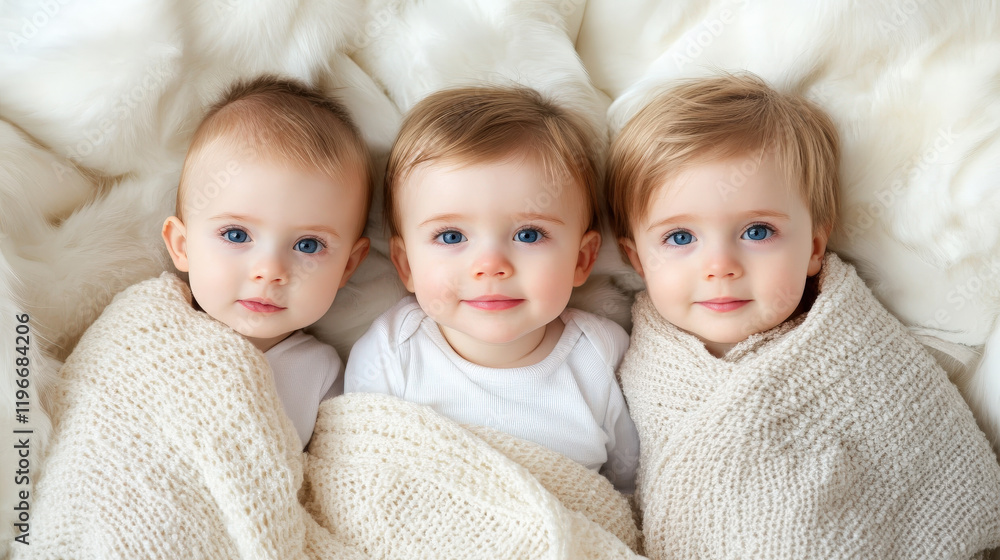 Cozy triplets wrapped in soft blankets, smiling with bright blue eyes. Their adorable expressions evoke warmth and joy, perfect for family themed content Cozy triplets wrapped in soft blankets, smiling with bright blue eyes. Their adorable expressions evoke warmth and joy, perfect for family themed content