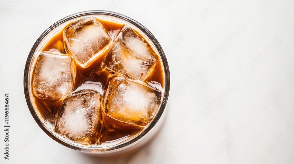 Chilled beverage with ice cubes reflecting light, creating refre Chilled beverage with ice cubes reflecting light, creating refre