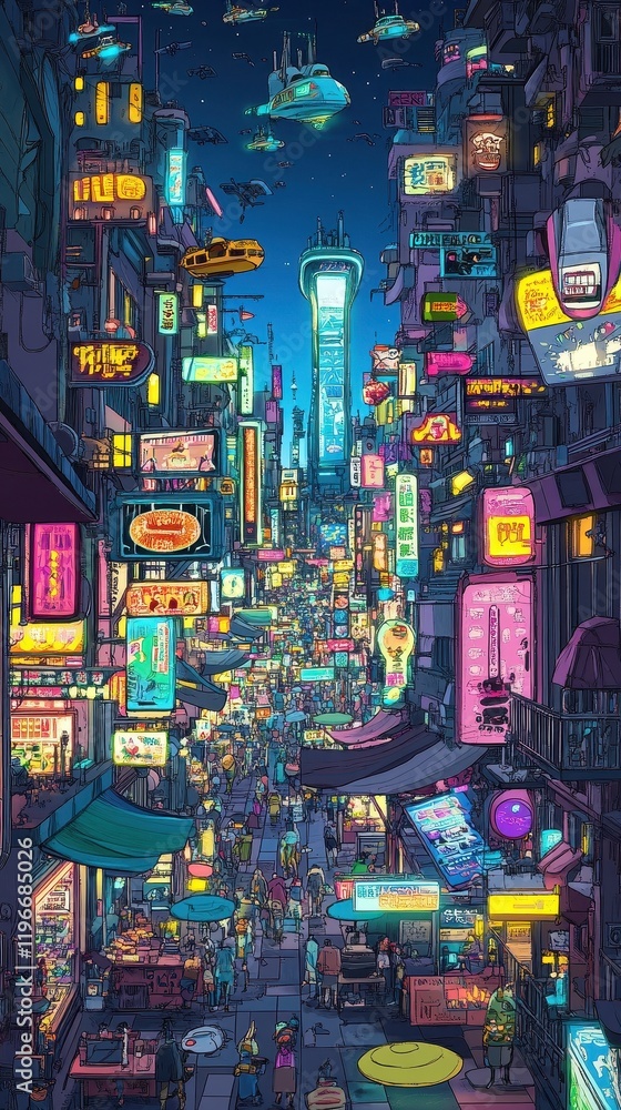 Obraz premium Futuristic City Street Night Market Vibrant Neon Lights Flying Vehicles