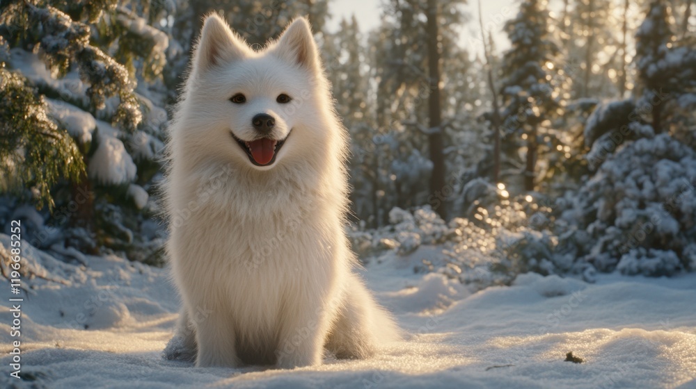 Fototapeta premium A fluffy white Samoyed dog sitting in a snowy forest with a joyful expression
