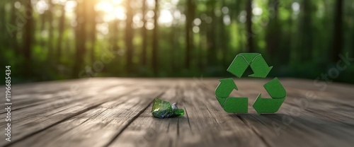 Recycle Symbol and Broken Glass on Wooden Table in Forest