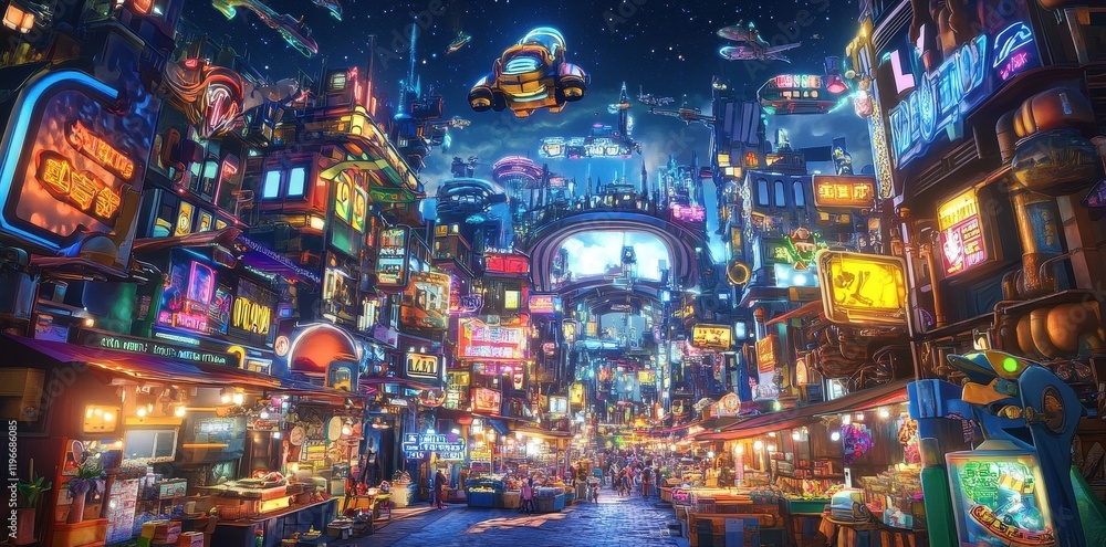 Obraz premium Futuristic City Night Market Vibrant Street Scene