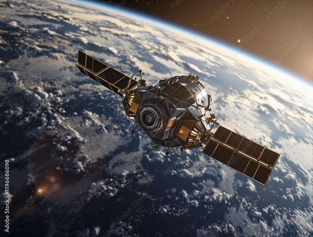Fototapeta premium spacecraft orbiting Earth. The spacecraft has solar panels extending from its sides and appears to be in a low Earth orbit.