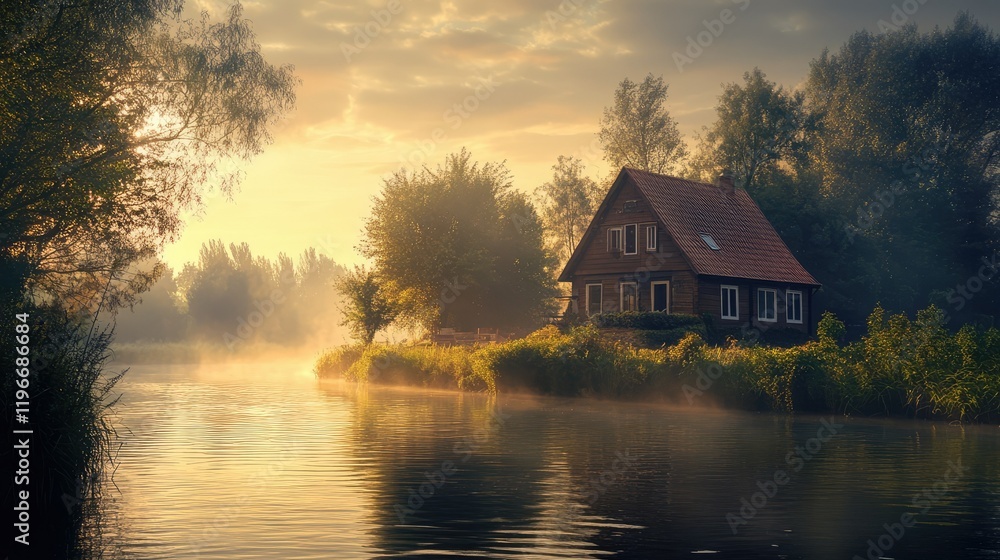 the atmosphere is foggy and the house is beside the river the atmosphere is foggy and the house is beside the river