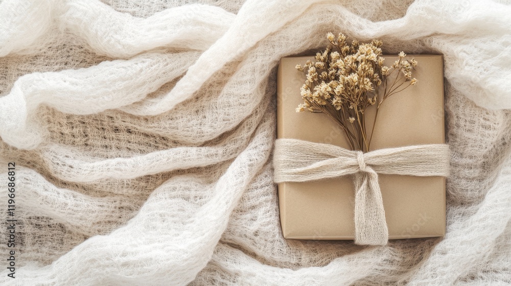 A kraft paper box adorned with a dried flower, placed on a white linen cloth A kraft paper box adorned with a dried flower, placed on a white linen cloth