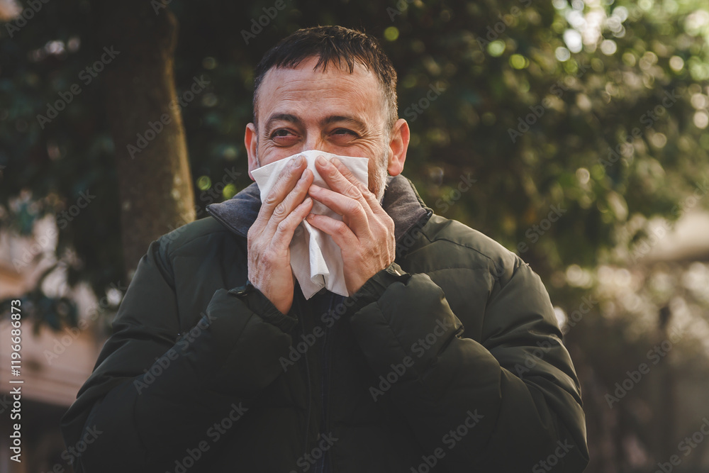Man blowing his nose in the cold weather Man blowing his nose in the cold weather