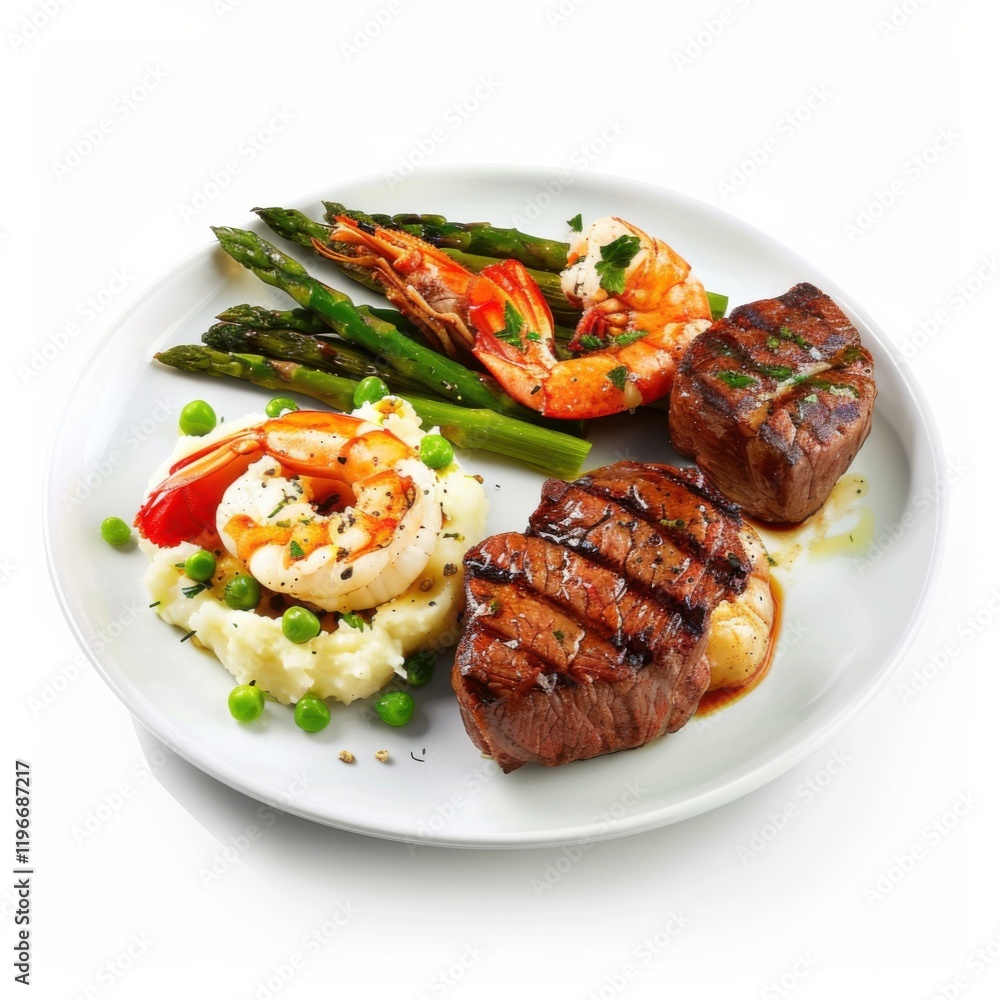 A plate of surf and turf with grilled lobster tail and filet mignon, served with mashed potatoes and asparagus, isolated white background A plate of surf and turf with grilled lobster tail and filet mignon, served with mashed potatoes and asparagus, isolated white background