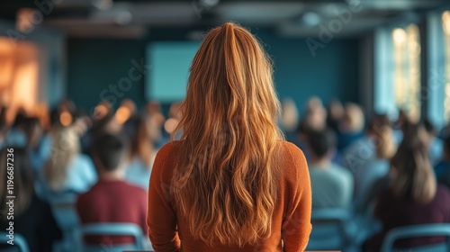 young woman back turned towards the camera and standing in a modern conference room filled with people photo