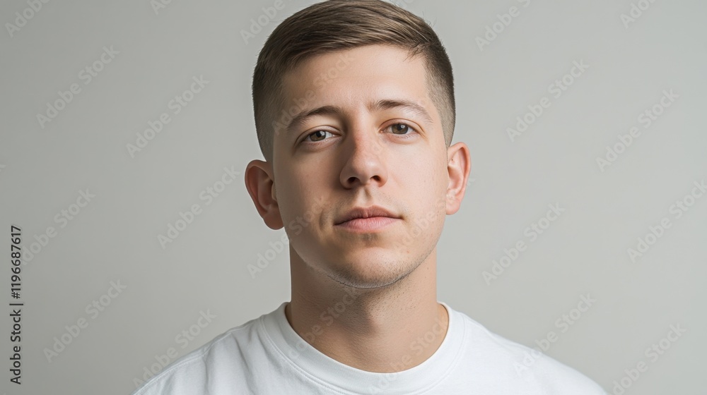A man with a classic crew cut posing confidently on a light grey background A man with a classic crew cut posing confidently on a light grey background