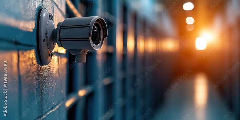 Security camera in hallway with modern surveillance system.