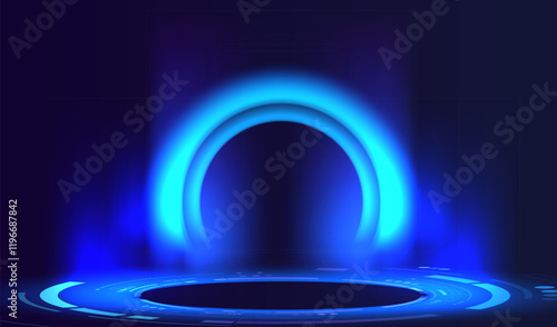 Realistic ai podium with glowing blue neon lamps in futuristic gamer design. Display scene game for presentation gamer. Empty show room with 3d stage vector background. Ai concept.