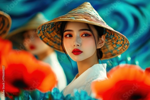 Enigmatic Asian Beauty in a Conical Hat Amidst Vibrant Poppies and Turquoise Swirls