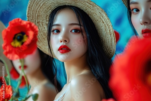 Mysterious Asian Woman in Straw Hat with Poppies