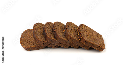 Black rye bread isolated, dark brown sliced loaf, sourdough borodinsky rugbrod square slices photo