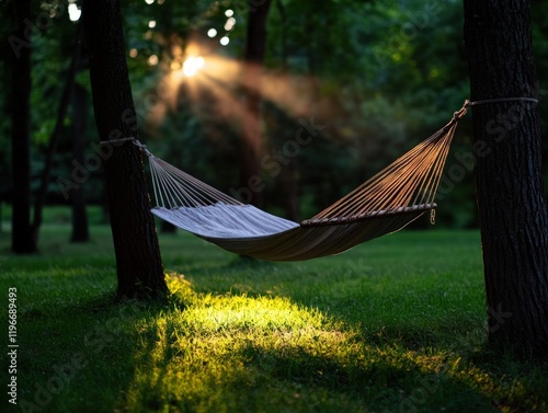 Serene Sunset Hammock Scene in a Lush Green Forest