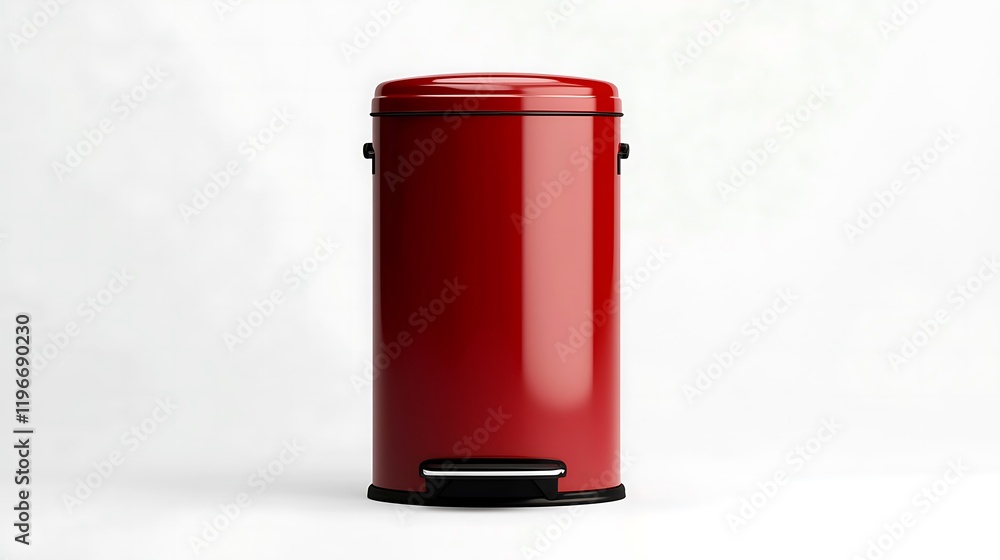 A sleek red trash bin with a foot pedal, designed for easy waste disposal, set against a minimalist white background. A sleek red trash bin with a foot pedal, designed for easy waste disposal, set against a minimalist white background.
